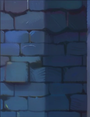 There is a blueish bricked wall