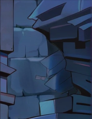 There is a blueish bricked wall 