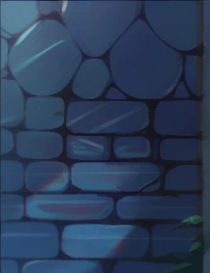 There is a blueish bricked wall