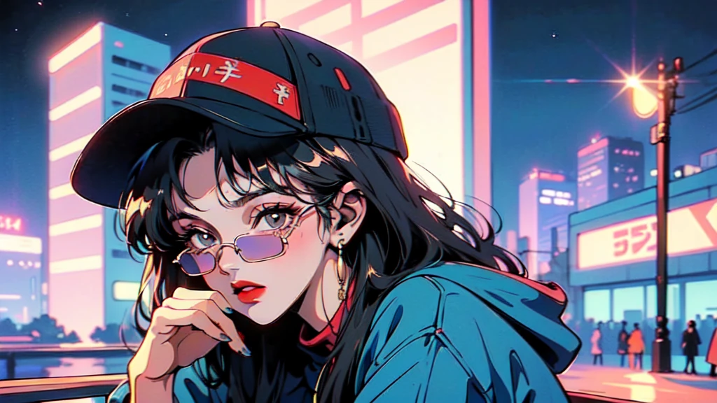 (80's, Retro, City Pop:1.5),  (masterpiece, Highest quality, Exquisite detail), (anime, figure), girl, alone, cool, Wearing sunglasses, Cityscape, City of night, Street fashion, Wearing a hoodie, Wearing a black baseball cap
