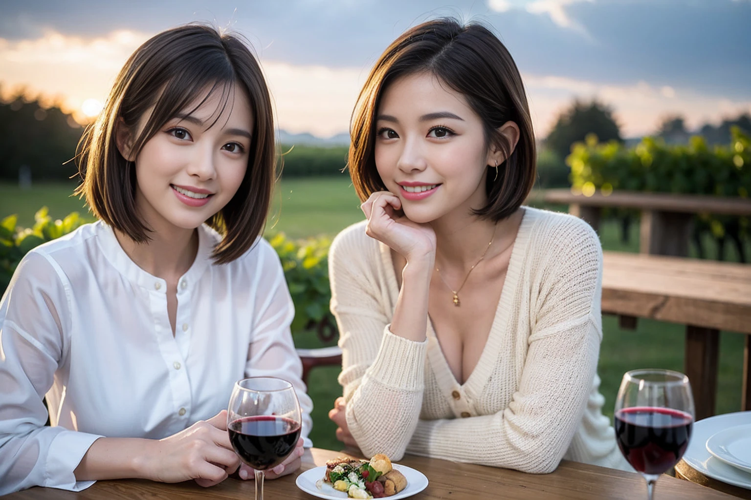 （Realistic:1.1）,(masterpiece,Highest quality)，8k,(36 years old), 42 years old, slimカップル、Model Couple、Actress/Actor、Tight waist,Upper Body,full-course dinner、wine 、Amazing view of the sunset sky and clouds、Perfect Anatomy, Brown Hair, Short Hair,Random Hairstyles,((Highly detailed face and eyes:1.2))(cute顔:1.4)，Beautiful actress face，Perfect golden ratio face，Long sleeve shirt、dress,(smile:1.2)、Shortcuts、cute、(Realistic, Intricate details:1.2), A bright smile、short hair,Bright Face、赤wine 、Appetizers、Italian food、wine bottle、Champagne、スパークリングwine、(slimな顔), (The body is slim), (Brown Hair), (Shortcuts),  Upper Body, 白wine, slim, wineグラス, 