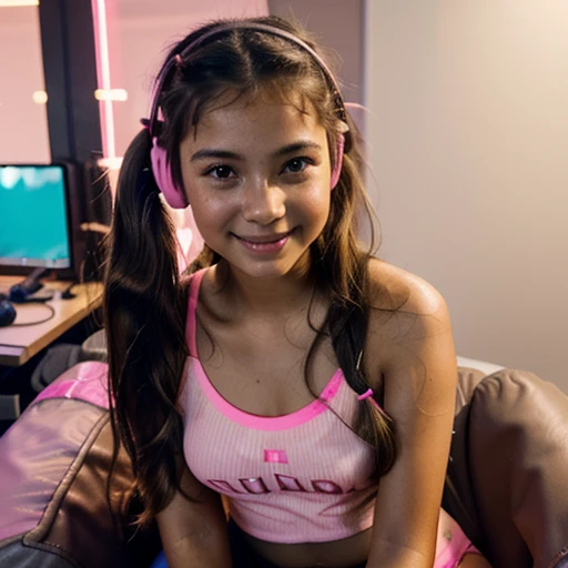 digital photograph of 13 year old girl (detail skin texture, ultra-detailed body), (cinematic light), long hair, brown hair, children's pigtails hair, smile, brown eyes, lips, parted lips, shirt, yoga shorts, bare shoulders, gaming chair, sitting, pink headphones, gaming room, pink room, neon lights 