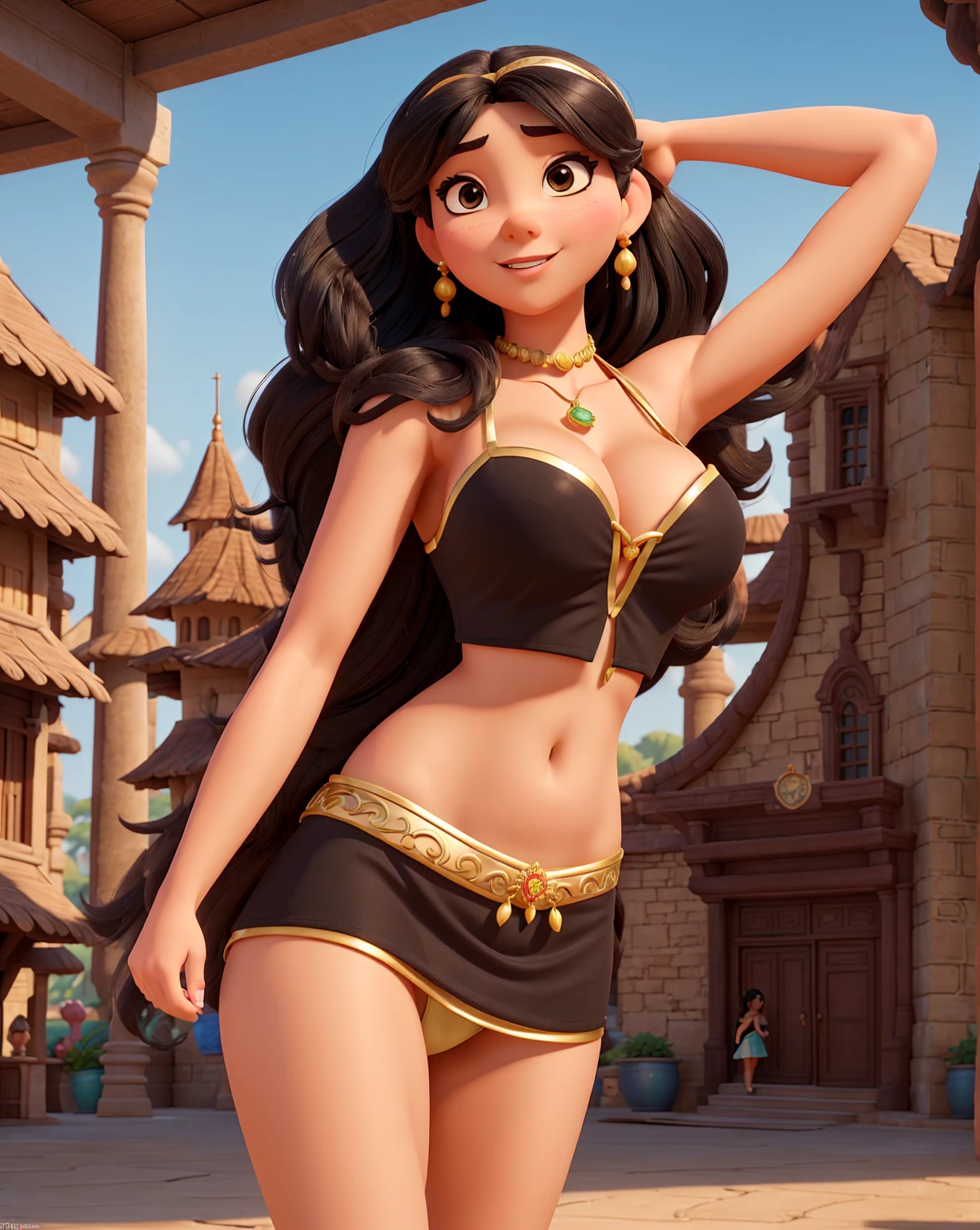 Cartoonized, Jasmine, Disney Princess, black hair, midriff top, solo, detailed, high quality, 4K, athletic figure, 34B breasts, sultry expression, exotic marketplace background with colorful fabrics, intricate architecture, and bustling crowds, warm colors, cleavage visible, nipples slightly visible, живой и правильный и симметричный взгляд