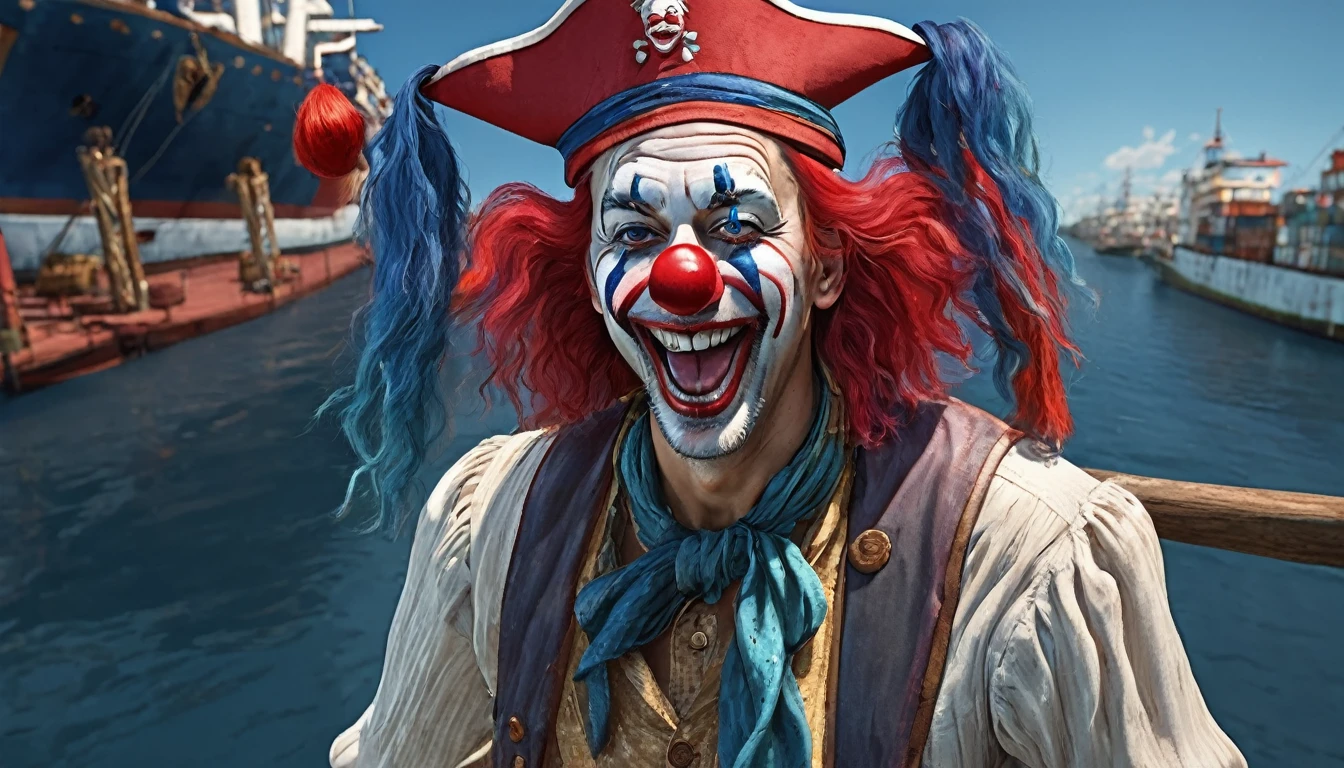 masterpiece, best quality, extremely detailed, hyperrealistic, photorealistic, a cool 40s man, ultra detailed face, clown makeup, red pirate hat, white skin, red nose, long blue hair, full body shot:1.1, port, waving hands:1.1, walking:1.1, ship, in the sunshine, laughing