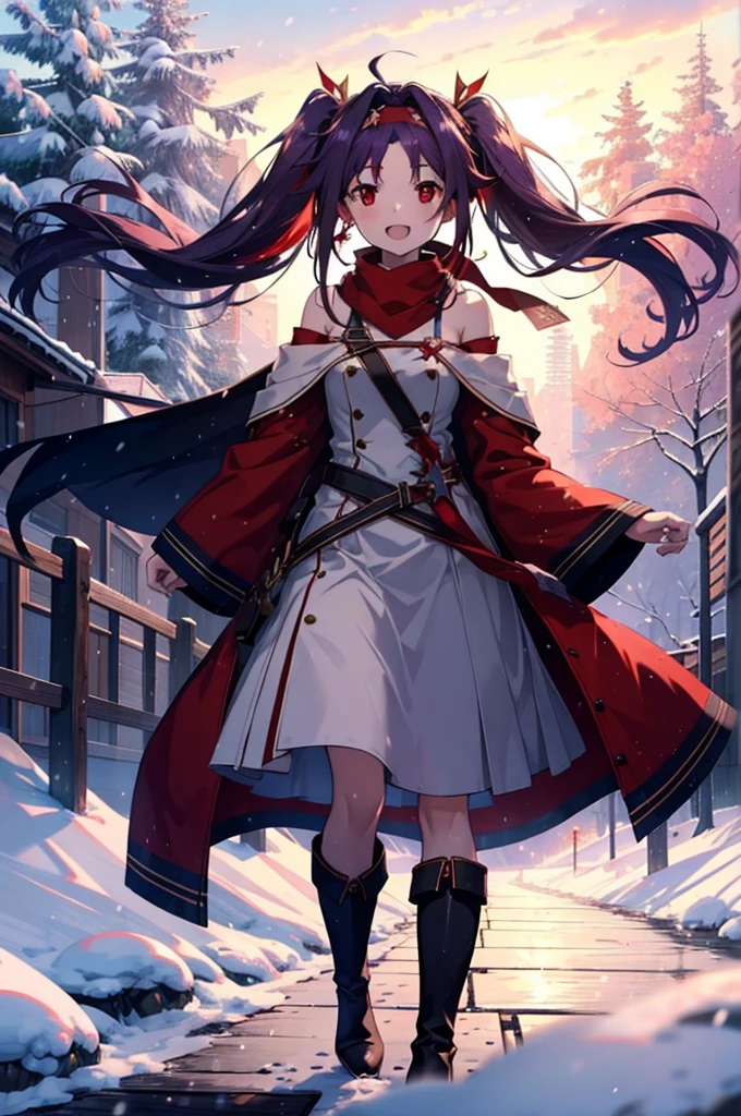 yuukikonno, Konno Yuuki, Long Hair, Pointed Ears, Purple Hair, (Red eyes:1.5), (Small breasts:1.2), Open your mouth,happy smile, smile, Open your mouth,hair band,low　Twin tails red scarf,Purple long coat,V-neck sweater,Long skirt,short boots,snowが降っている,snowが降り積もっている,snow,snow,snow,snow,winter,Cold night,Walking,whole bodyがイラストに入るように,Looking down from above,
break looking at viewer,  whole body,
break outdoors, In town,
break (masterpiece:1.2), Highest quality, High resolution, unity 8k wallpaper, (figure:0.8), (Beautiful attention to detail:1.6), Highly detailed face, Perfect lighting, Highly detailed CG, (Perfect hands, Perfect Anatomy),