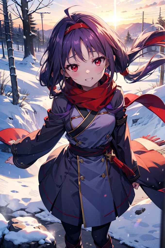 yuukikonno, Konno Yuuki, Long Hair, Pointed Ears, Purple Hair, (Red eyes:1.5), (Small breasts:1.2), Open your mouth,happy smile, smile, Open your mouth,hair band,low　Twin tails red scarf,Purple long coat,V-neck sweater,Long skirt,short boots,snowが降っている,snowが降り積もっている,snow,snow,snow,snow,winter,Cold night,Walking,whole bodyがイラストに入るように,Looking down from above,
break looking at viewer,  whole body,
break outdoors, In town,
break (masterpiece:1.2), Highest quality, High resolution, unity 8k wallpaper, (figure:0.8), (Beautiful attention to detail:1.6), Highly detailed face, Perfect lighting, Highly detailed CG, (Perfect hands, Perfect Anatomy),