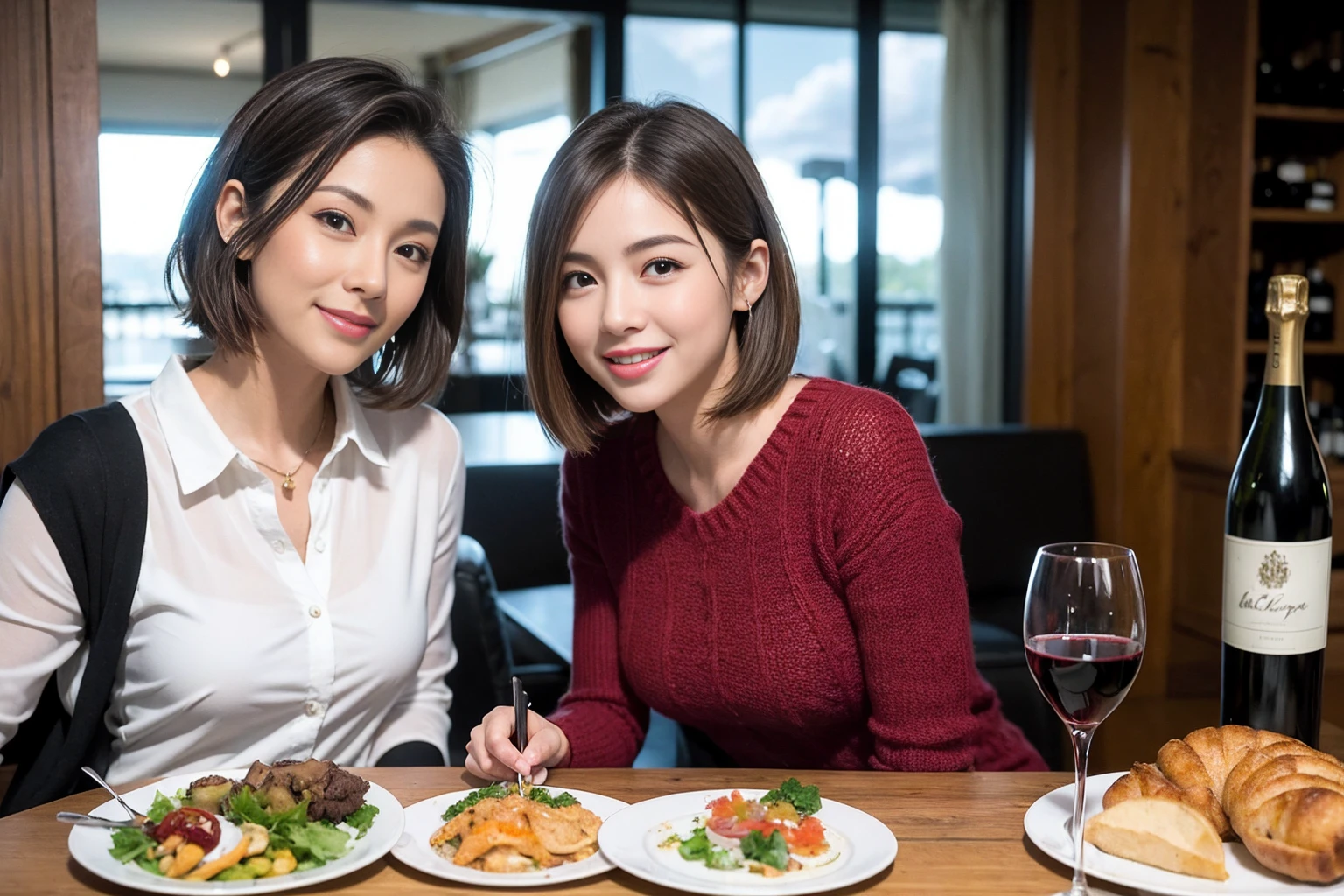 (Realistic:1.1),(masterpiece,Highest quality),8k,(40 years old), 42 years old, slimカップル、Model Couple、Actress/Actor、Tight waist,Upper Body,full-course dinner、wine 、Amazing view of the sunset sky and clouds、Perfect Anatomy, Brown Hair, Short Hair,Random Hairstyles,((Highly detailed face and eyes:1.2))(cute顔:1.4),Beautiful actress face,Perfect golden ratio face,Long sleeve shirt、dress,(smile:1.2)、Shortcuts、cute、(Realistic, Intricate details:1.2), A bright smile、short hair,Bright Face、赤wine 、Appetizers、Italian food、wine bottle、Champagne、スパークリングwine、(slimな顔), (The body is slim), (Brown Hair), (Shortcuts), Upper Body, 白wine, slim, wineグラス,