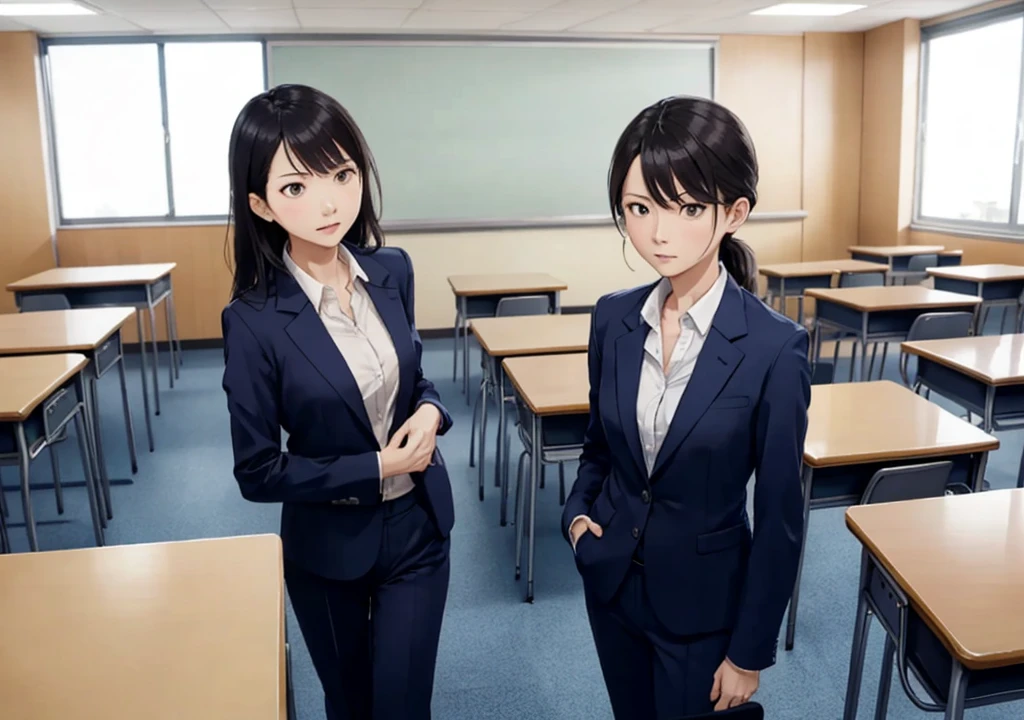 One woman、30 years old、Beauty、Pants style suit、Angry expression、In a high school classroom、Standing in front of a desk、
