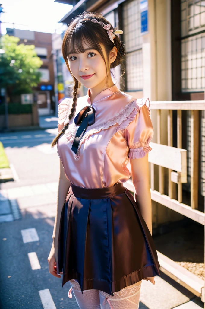 ulzzang -6500-v1.1, ((knee shot)), (Raw photo:1.2), (Photorealsitic), a beautiful detailed girl, (Real: 1.4), ighly detailedな目と顔, beatiful detailed eyes, Lolita Fashion Women, ((studio shoot、Moe Pose:1.3)), 脚を開いてis standing, (Ultra-realistic pantyhose:1.2), game_nffsw, huge filesize, hight resolution, ighly detailed, top-quality, [​masterpiece:1.6], illustratio, ighly detailed, nffsw, finely detail, top-quality, 8k wallpaper, Cinematographic lighting, 1girl in, 17 age, perfect body type, cute droopy eyes beautiful big eyes、Pieckfinger, ((masutepiece)), Best Quality, 1girl in, eye shadow,  Idol makeup、Portrait, ((FULL BODYSHOT:1.4))、(Very affectionate smile:1.2)、realistic skin textures、shinny skin、Exposed thighs!!! Pink blouse with black ruffled lace、Black Ribbon Tie、Black flared miniskirt with pink ruffles、dark brown hair、Braided hair、Pink ribbon, (White Silk Sockabrick Ruffle Rack Strap Pumps、(is standing), Streets of Akihabara