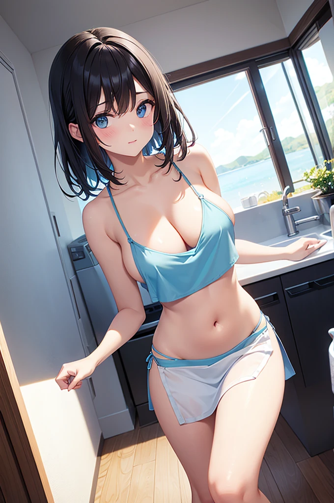 Dark Haired Girl, Light blue micro bikini and white low apron, Small Hips, Large Breasts