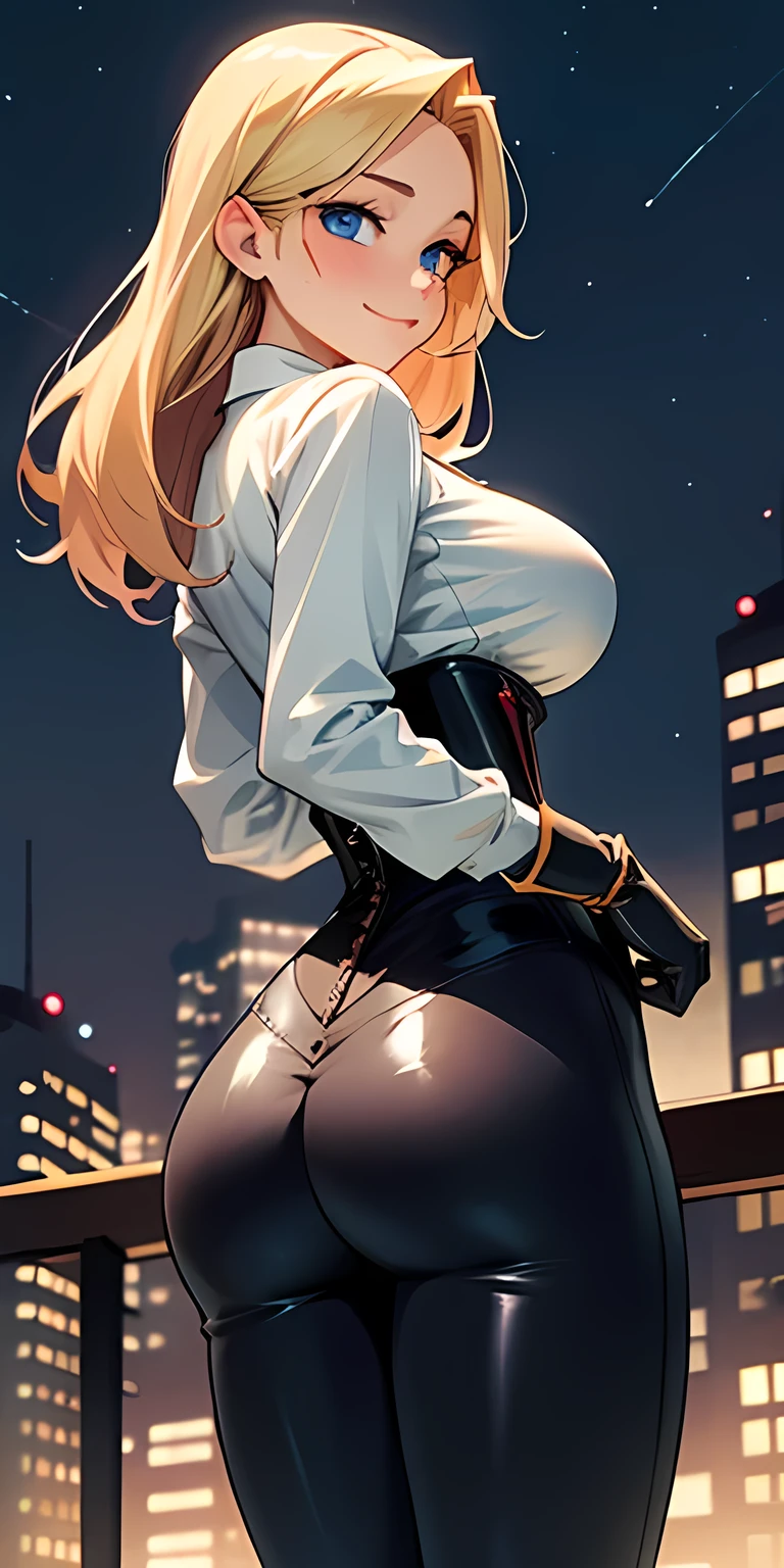 1girl, breasts, blonde hair, ass, solo, blue eyes, long hair, large breasts, looking at viewer, looking back, shirt, gloves, long sleeves, black gloves, outdoors, pants, white shirt, night, blush, smile, sky, from behind, corset, closed mouth, night sky, black pants, standing, tight clothes, latex, tight pants, building