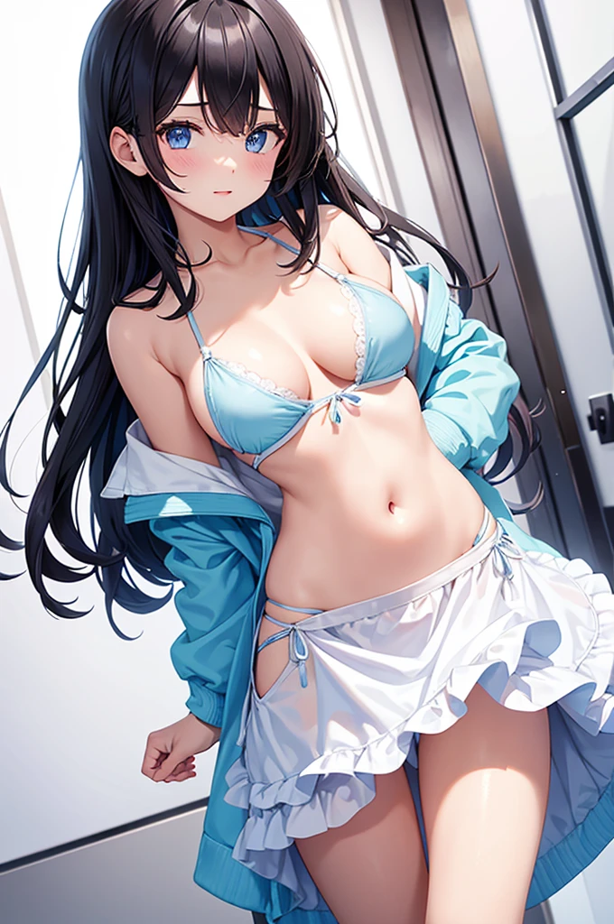 Dark Haired Girl, Light blue micro bikini and white low apron, Small Hips, Large Breasts