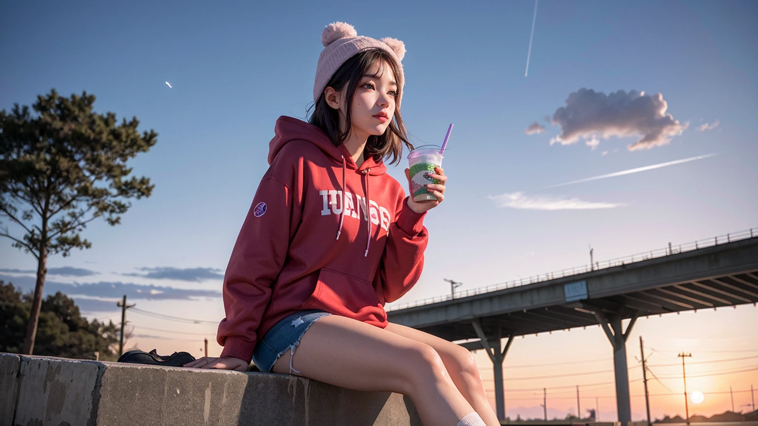 1girl, solo, brown hair, long sleeves, holding, sitting, outdoors, food, sky, shoes, shorts, socks, cloud, signature, hood, bag, tree, cup, hoodie, eating, star \(sky\), bandaid, starry sky, sunset, dog, drinking straw, drink, can, bandaid on face, drinking, power lines, lamppost, bandaid on leg, twilight, bandaid on knee, vending machine, purple sky, red hoodie