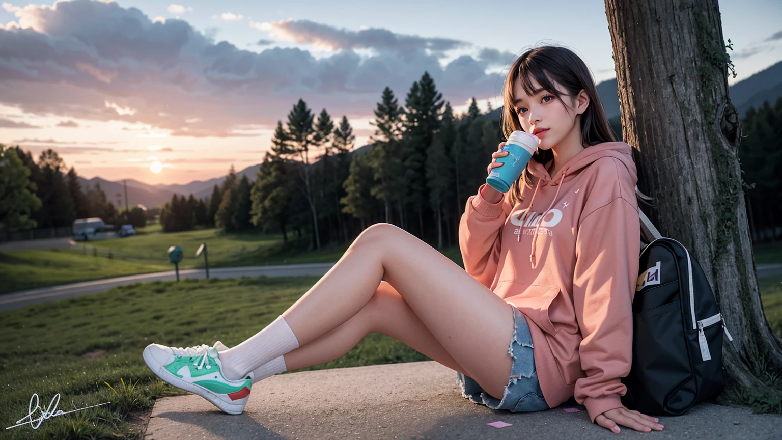 1girl, solo, brown hair, long sleeves, holding, sitting, outdoors, food, sky, shoes, shorts, socks, cloud, signature, hood, bag, tree, cup, hoodie, eating, star \(sky\), bandaid, starry sky, sunset, dog, drinking straw, drink, can, bandaid on face, drinking, power lines, lamppost, bandaid on leg, twilight, bandaid on knee, vending machine, purple sky, red hoodie