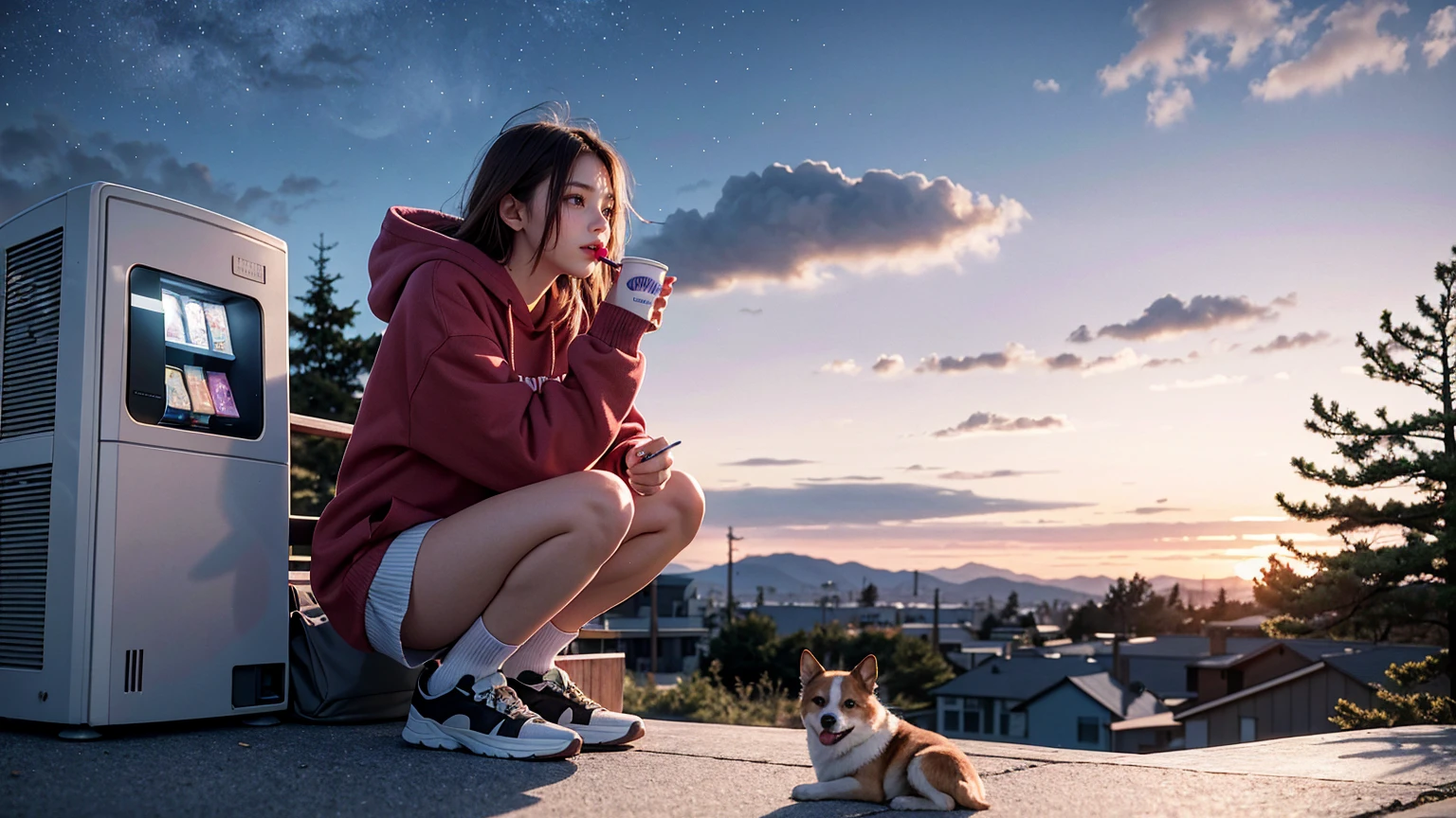 1girl, solo, brown hair, long sleeves, holding, sitting, outdoors, food, sky, shoes, shorts, socks, cloud, signature, hood, bag, tree, cup, hoodie, eating, star \(sky\), bandaid, starry sky, sunset, dog, drinking straw, drink, can, bandaid on face, drinking, power lines, lamppost, bandaid on leg, twilight, bandaid on knee, vending machine, purple sky, red hoodie
