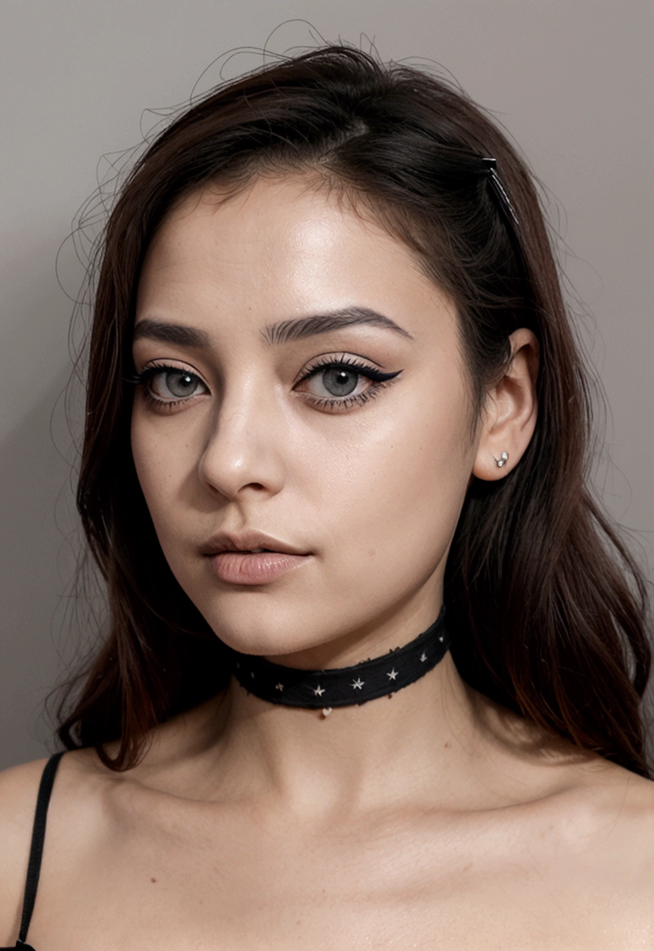 un contact visuel d#une femme tunisienne, sceptique, compliqué, eye-liner graphique, matte Lèvrestick, surexposé, sourcils fins, Lèvres, indietronique, éclairage des silhouettes, filtre grunge désaturé