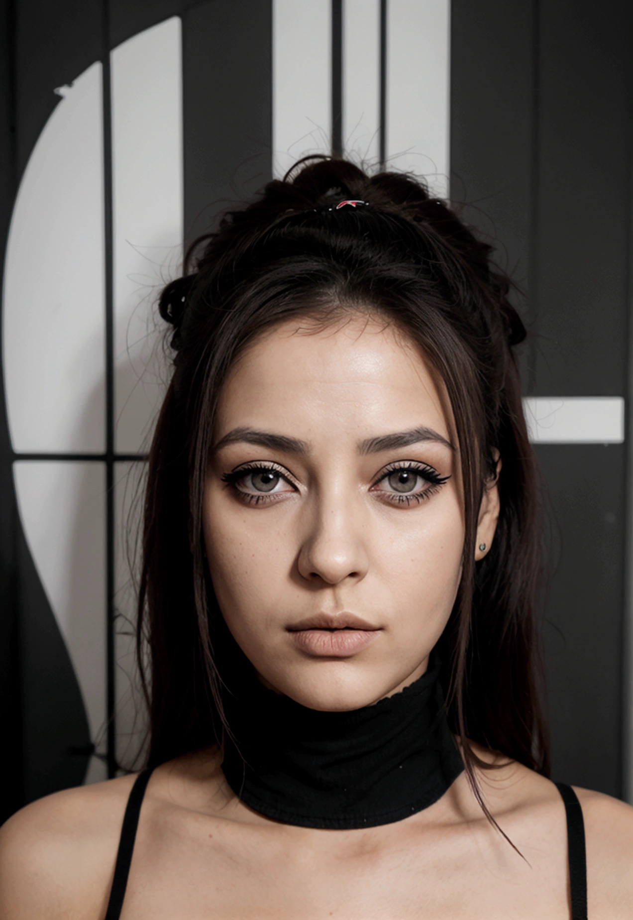 un contact visuel d#une femme tunisienne, sceptique, compliqué, eye-liner graphique, matte Lèvrestick, surexposé, sourcils fins, Lèvres, indietronique, éclairage des silhouettes, filtre grunge désaturé