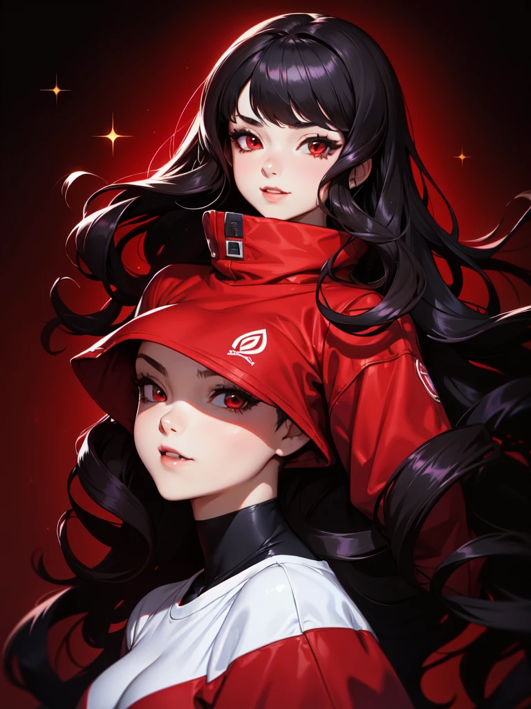 (((Portrait Photo))), She has a Youthful 15-Year-Old Appearance, with a Small, Athletic Build, Thick Breasts, and Immature Demeanor. She has Long, Wavy, Black Ombre Hair, Styled in Loose Waves Flowing Wildly. Her Striking Red Eyes Sparkle with Joy and Enthusiasm, Giving Off a Fun and Active Attitude. She Wears an Oversized Red Cropped Sweatshirt with Baggy Sleeves. (((High Quality, Dark Background))), (((Portrait Photo)))