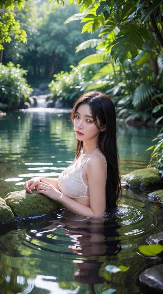 In the tranquil embrace of nature's haven, a breathtaking scene unfolds. A beautiful young woman, with cascades of silky, sun-kissed hair, finds solace in the crystal-clear waters of a serene lake. As she bathes, delicate droplets of water glisten on her glowing skin, catching the sunlight and creating a mesmerizing display.
Her eyes, the color of a shimmering emerald, reflect the tranquility of the surrounding landscape, mirroring the vibrant hues of the lush flora that surrounds her. With an air of serenity and grace, she moves through the water, her movements fluid and effortless.
The delicate curve of her lips holds a hint of a smile, as she immerses herself in the pure bliss of this private sanctuary. The gentle rustling of leaves and the sweet symphony of singing birds provide the soundtrack to her tranquil retreat, a moment of respite from the chaos of the world.
As the ripples in the water subside, revealing her reflection, it becomes apparent that there is more to this young woman than meets the eye. Is she an ethereal nymph, a creature of myth and magic? Or perhaps she is a wanderer seeking solace and healing in the embrace of nature's bountiful gifts.
Discover the tale of this enchanting beauty, as she uncovers the secrets hidden within the depths of the lake and navigates a world where beauty and mystery intertwine in perfect harmony.,((close up)),in pink latex bikini