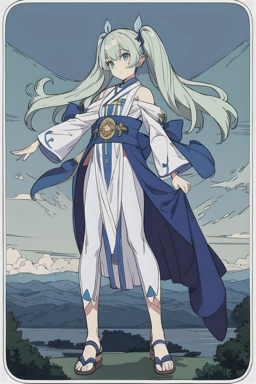 anime picture, perfect body, full body, mountain background, a female monk with Twintails Hairstyle wearing a blue dress and long white leggings, using sandals