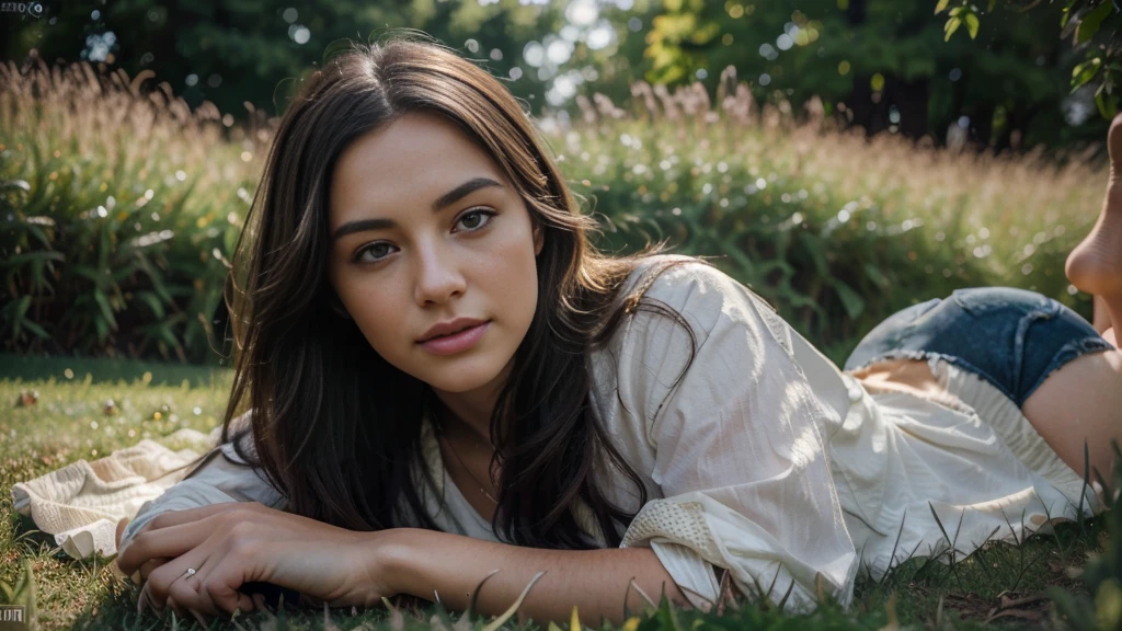 a young woman laying on her stomach on grass, beautiful detailed eyes,beautiful detailed lips,extremely detailed eyes and face,longeyelashes, lying on grass, in the gully, fading into the background, (best quality,4k,8k,highres,masterpiece:1.2),ultra-detailed,(realistic,photorealistic,photo-realistic:1.37),HDR,UHD,studio lighting,ultra-fine painting,sharp focus,physically-based rendering,extreme detail description,professional,vivid colors,bokeh,concept art,landscape,naturalistic,muted colors,warm lighting