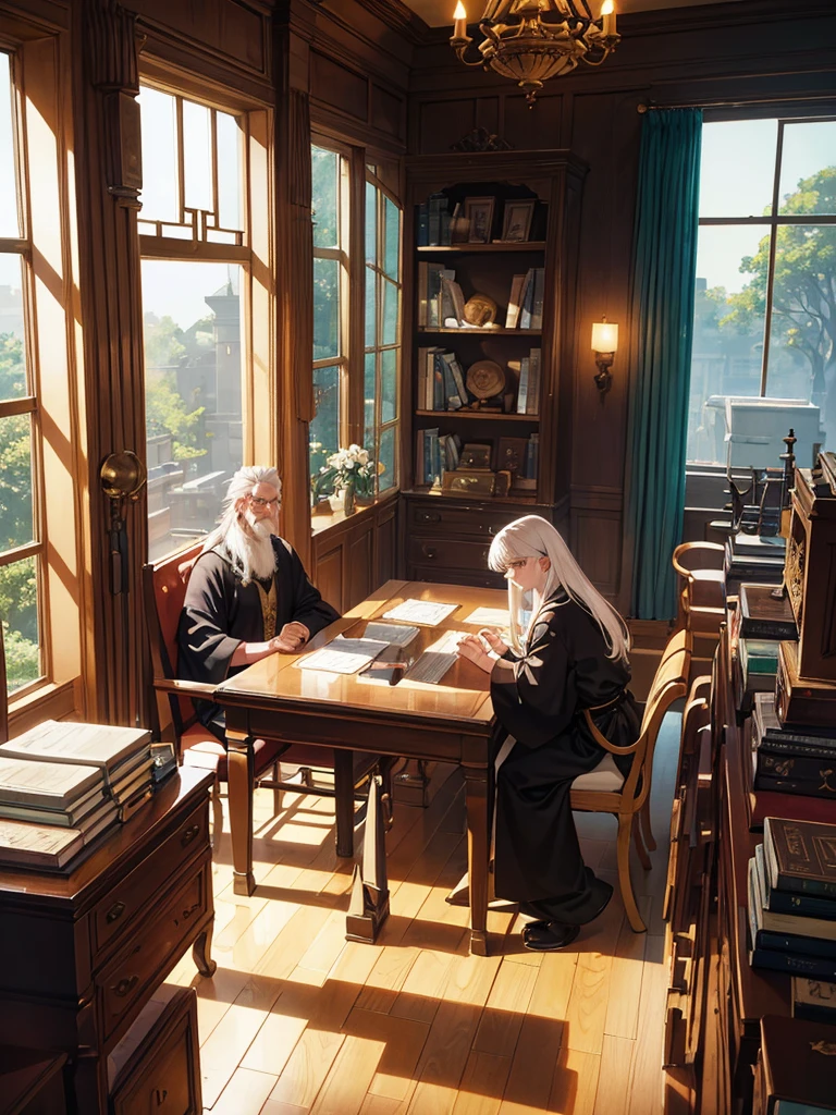 An 80s style office, in a fantasy world, with several book shelves, stuffed animal heads on the walls, a large oak table in the center, a large window and curtains behind the table. A white-haired old man wearing a black robe was sitting behind the table. A few candles in the corners illuminate the room. shunlight. ((anime styling))