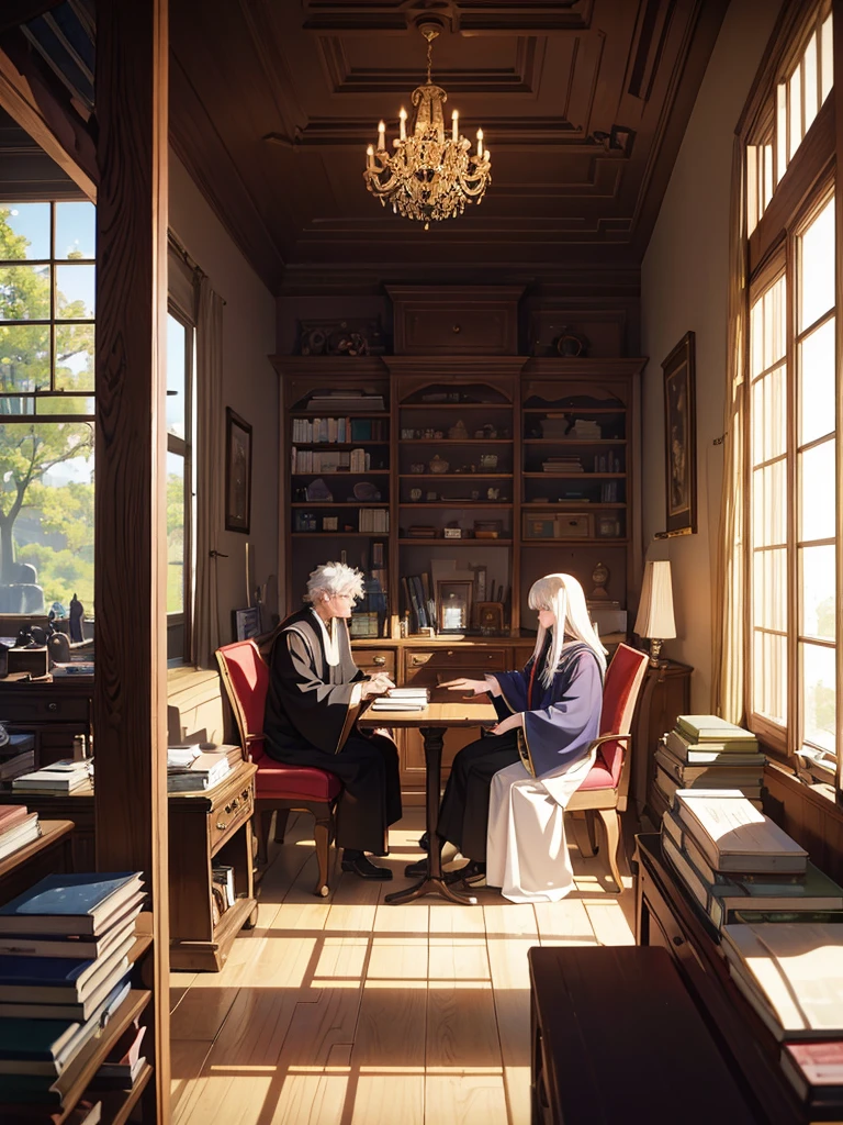 An 80s style office, in a fantasy world, with several book shelves, stuffed animal heads on the walls, a large oak table in the center, a large window and curtains behind the table. A white-haired old man wearing a black robe was sitting behind the table. A few candles in the corners illuminate the room. shunlight. ((anime styling))