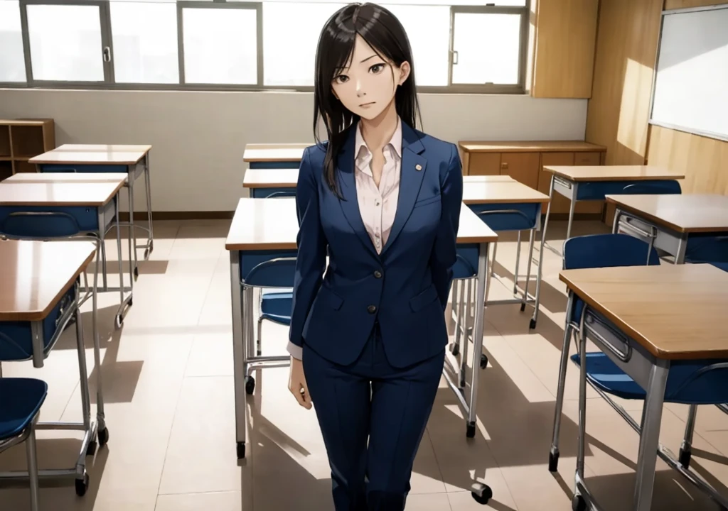 One woman、30 years old、Beauty、Pants style suit、Angry expression、High school classroom、Standing in front of a desk
