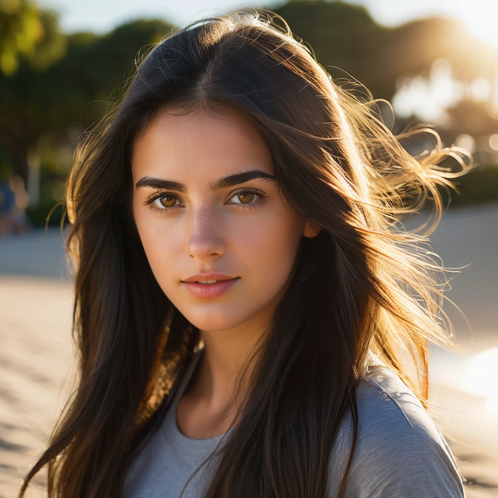 A photorealistic portrait of a 21-year-old spanish girl with long, flowing dark hair and striking dark eyes. She should have a natural, approachable expression and be illuminated by soft, golden-hour sunlight. The background should be a scenic outdoor setting, perhaps a sunlit park or beach. Capture this image with a high-resolution photograph using an 85mm lens for a flattering perspective. She should be playing sports on the beach.