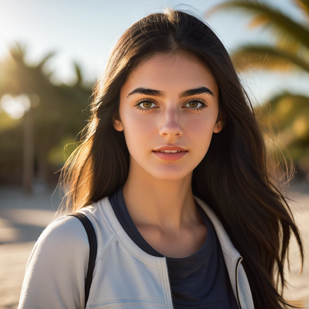 A photorealistic portrait of a 21-year-old spanish girl with long, flowing dark hair and striking dark eyes. She should have a natural, approachable expression and be illuminated by soft, golden-hour sunlight. The background should be a scenic outdoor setting, perhaps a sunlit park or beach. Capture this image with a high-resolution photograph using an 85mm lens for a flattering perspective. She should be playing sports on the beach.