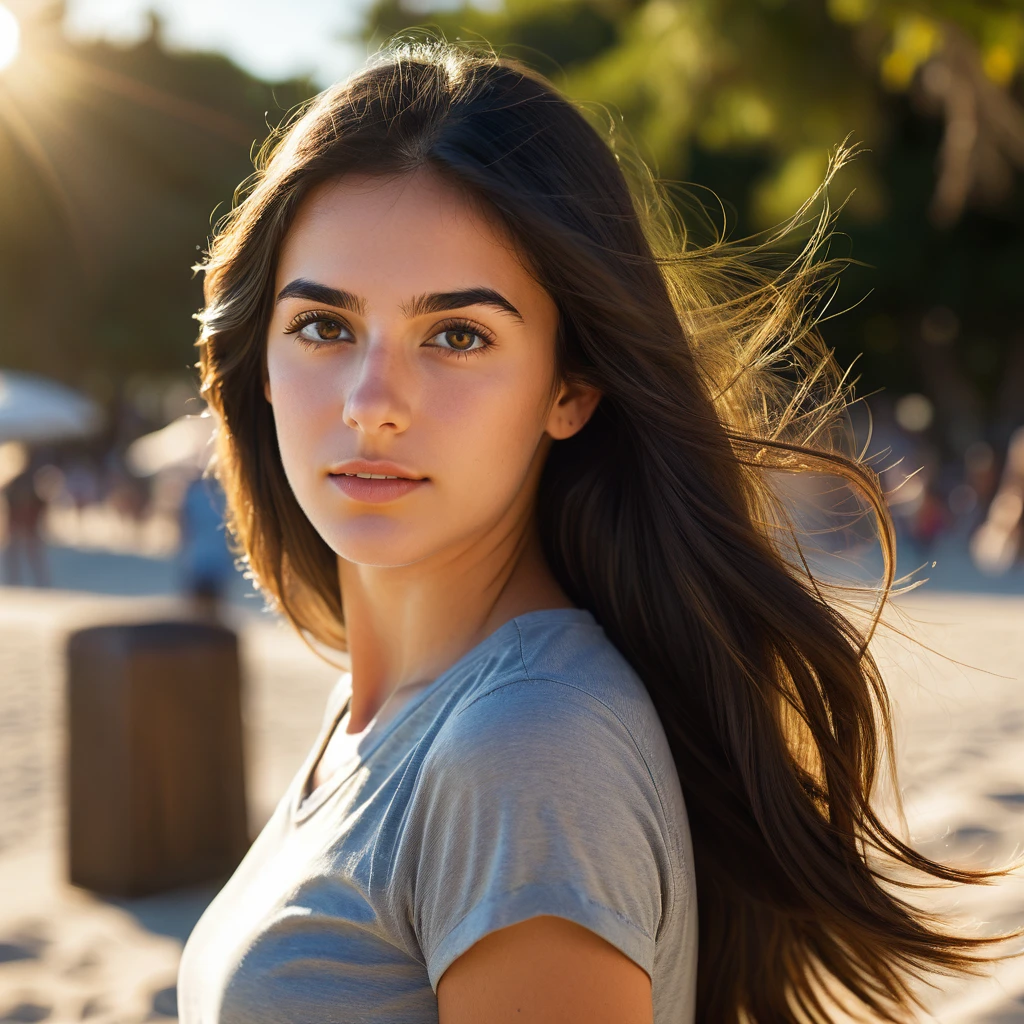 A photorealistic portrait of a 21-year-old spanish girl with long, flowing dark hair and striking dark eyes. She should have a natural, approachable expression and be illuminated by soft, golden-hour sunlight. The background should be a scenic outdoor setting, perhaps a sunlit park or beach. Capture this image with a high-resolution photograph using an 85mm lens for a flattering perspective. She should be playing sports on the beach.