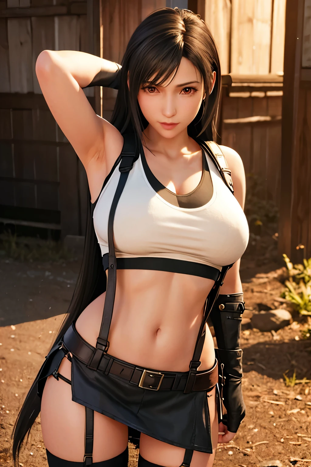 (, blush, 20yo, narrow eyes) (Photorealistic: 1.4), Solo, Top Quality, Very Delicate and Beautiful, High Definition, 1girl, tifa_lockhart, Smile, Cowboy Shot, Suspenders, Low Rise, Mini Skirt, (((Panty))), Tank Top, Tense Shirt, Black Hair, Long Hair, Elbow Gloves, Beautiful Detailed Red Eyes, Face Light, Movie Lighting, Navel, ( gigantic breasts: 1.0), old bars, background blurred, fluttering hair, beautiful woman