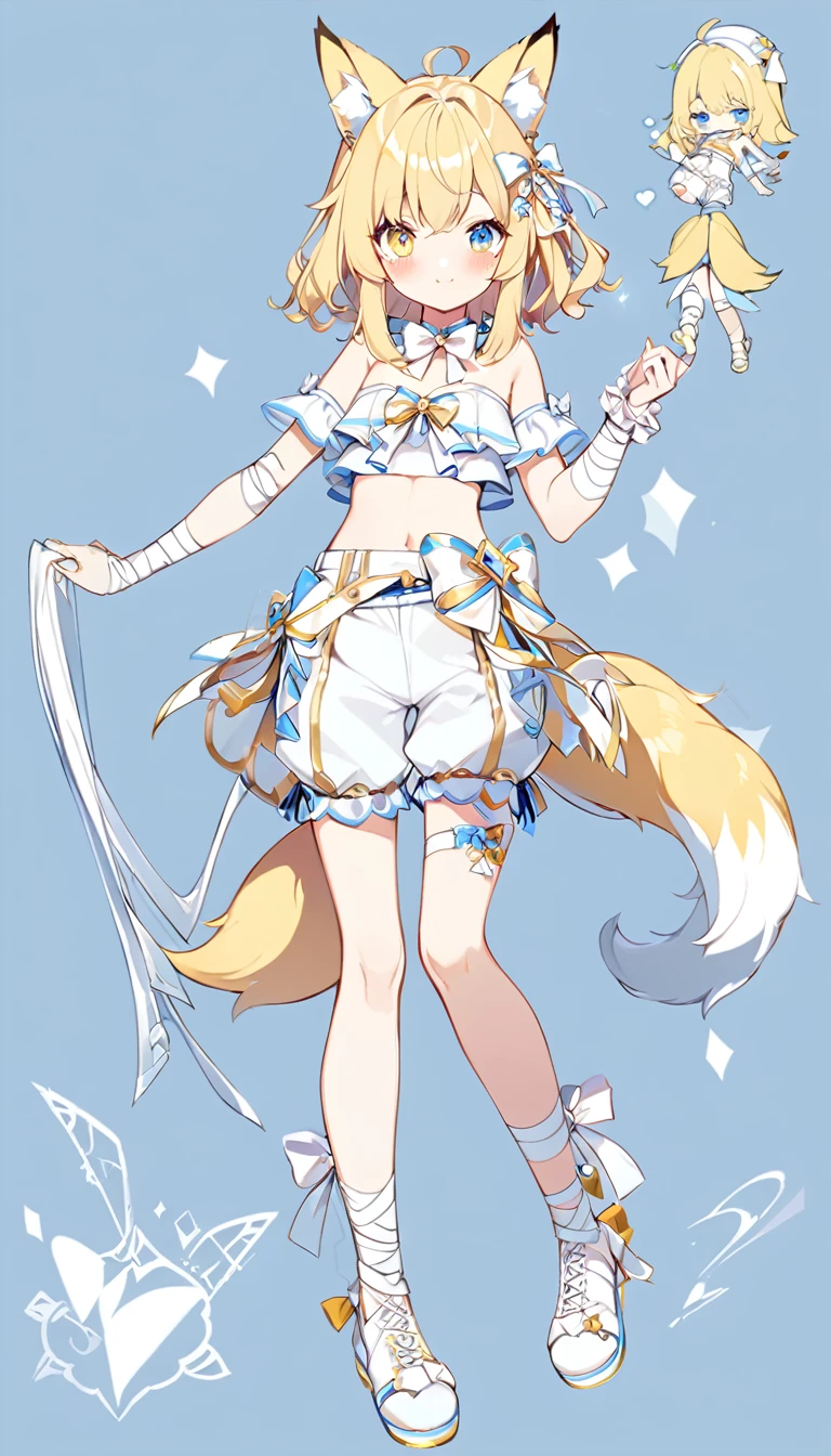 1girl, bare shoulders, bow, crop top,cute eyes, teen, girl, detached collar with bloomers, open chest ,, frills, , white bow,white bowtie, white ribbon, , strapless,one eye is blue the other is yellow,, bloomers, frills, lace, midriff, , bandaged arm, bandaged hand, bandages, short yellow hair,   tail, empty background, fox ears,white round diamond on bangs,knee , ankle lace-up, ankle ribbon, bow, leg ribbon, lineart, sandalsfluffy tailLovely eyesall-white clothes, shorts,white shoes