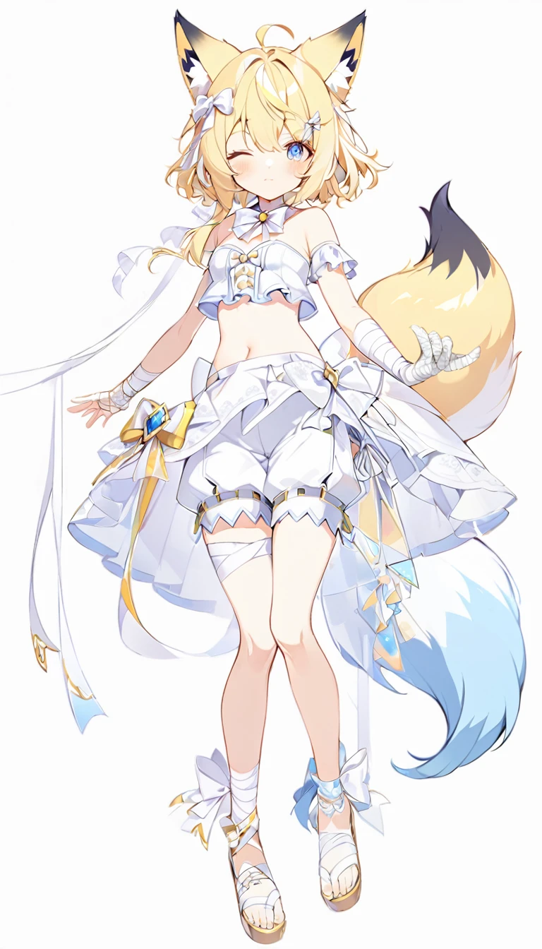 1girl, bare shoulders, bow, crop top,cute eyes, , girl, detached collar with bloomers, open chest ,, frills, , white bow,white bowtie, white ribbon, , strapless,one eye is blue the other is yellow,, bloomers, frills, lace, midriff, , bandaged arm, bandaged hand, bandages, short yellow hair, tail, empty background, fox ears,white round diamond on bangs,knee , ankle lace-up, ankle ribbon, bow, leg ribbon, lineart, sandalsfluffy tailLovely eyesall-white clothes, shorts,white shoes