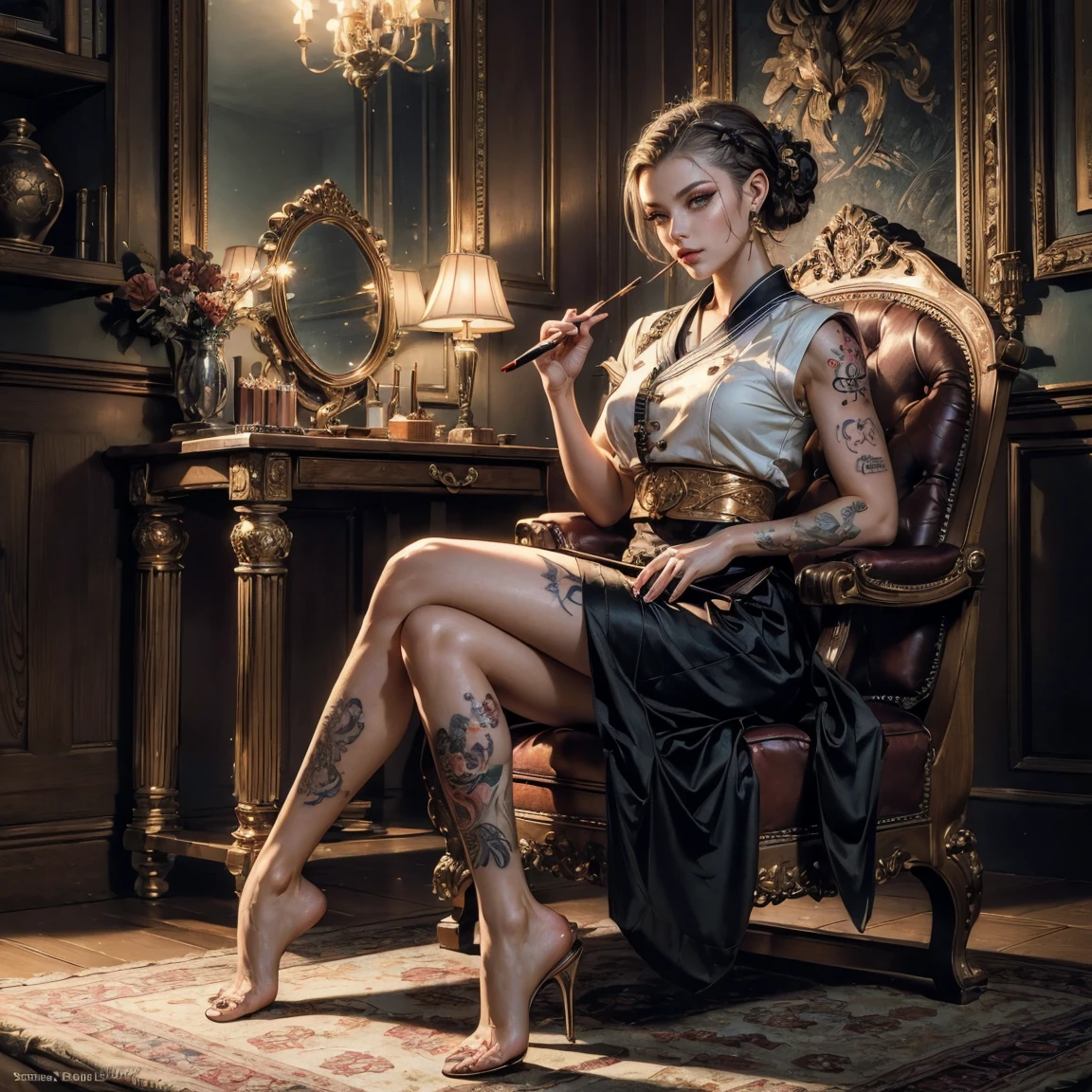 NSFW, (Masterpiece, Best Quality:1.5), Illustration, Ultra-detailed, finely detail, Hight resolution, 8K Wallpaper, Perfect dynamic composition, cinematic lighting, portrait, looking at viewer, Beautiful detailed eyes, Sexy face, Perfect beautiful hands, Raw real photos, beautiful realistic face, beautiful face, perfect face, highly detailed beautiful face and eyes, attractive face, detailed face, delicate facial features, detailed skin, shiny skin, perfect anatomy, highly detailed background, BREAK, (full body, sitting:1.5), (Shaved head:1.3), (professional make-up, eyeshadow, lash extensions, lips:1.4), (traditional tattoo:1.4), (pâtissier uniform:1.6)