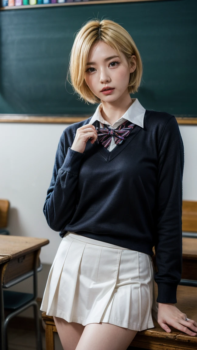 (Realistic:1.4), Highest quality, masterpiece, RAW32K Photo, (Very detailed美しい日本の女の子), (Very fine particles:1.2), (),(Cute Face:1.2), Very detailed, Ultra-high resolution, wonderful, break,
(school uniform:1.5), Detailed school girl, (Bright classroom 1.3、Moody light), Beautiful detailed girl, blonde、Cute Face, mini skirt,(thigh)、(She lifted her skirt to reveal her white panties.)、((short hair))