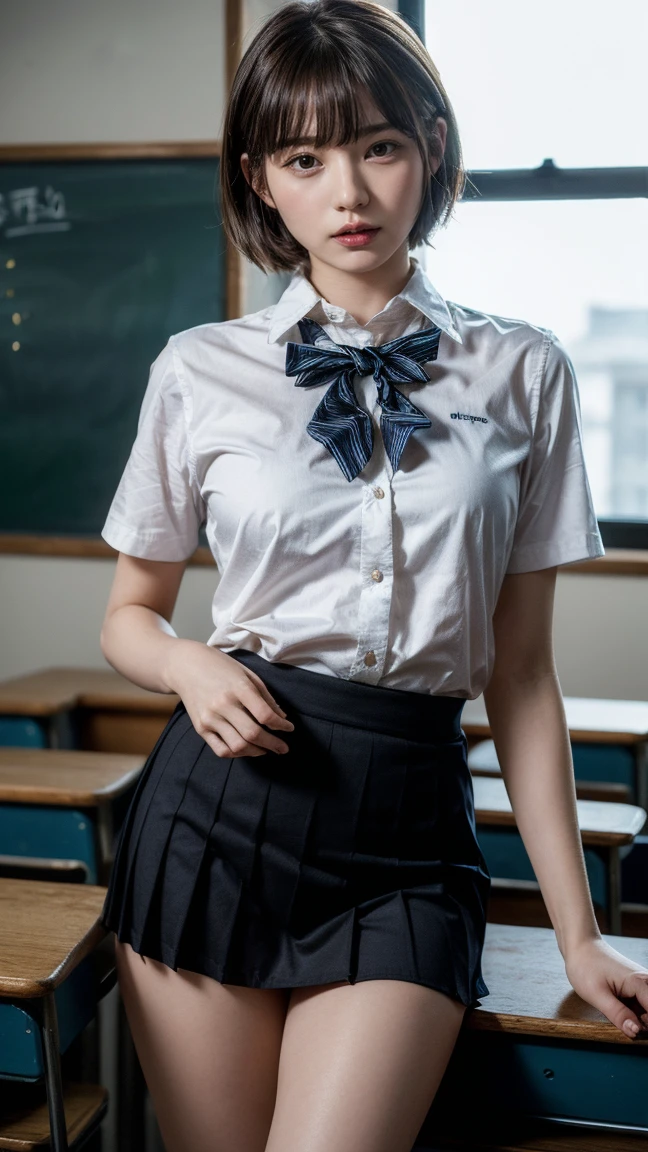 (Realistic:1.4), Highest quality, masterpiece, RAW32K Photo, (Very detailed美しい日本の女の子), (Very fine particles:1.2), (),(Cute Face:1.2), Very detailed, Ultra-high resolution, wonderful, break,
(school uniform:1.5), Detailed school girl, (Bright classroom 1.3、Moody light), Beautiful detailed girl, blonde、Cute Face, mini skirt,(thigh)、(She lifted her skirt to reveal her white panties.)、((short hair))