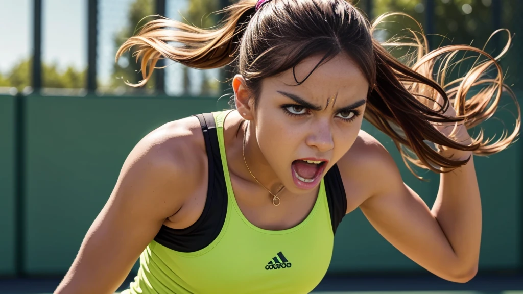 1girl, angry, very angry, tennis outfit, athletic, sporty, tense, powerful, intense expression, gritted teeth, clenched fists, dynamic pose, action, motion blur, high contrast, vibrant colors, dramatic lighting, cinematic, hyper-realistic, 8k, detailed, sharp focus, masterpiece