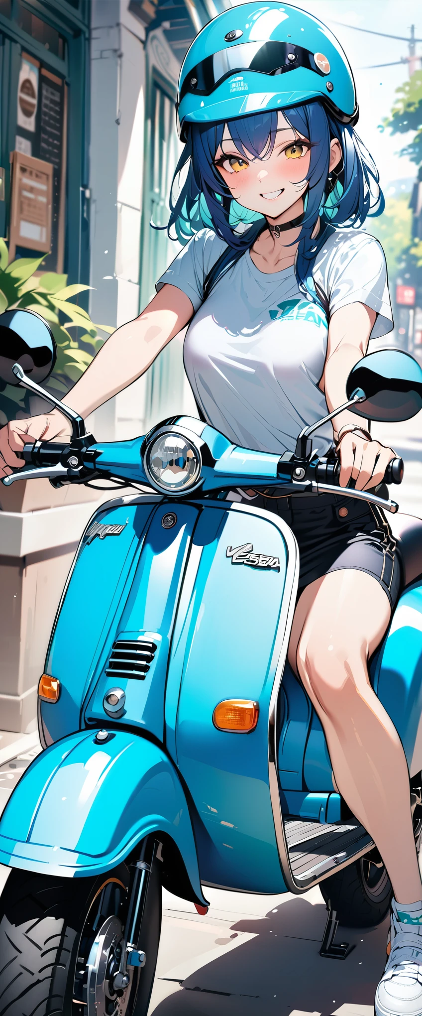 (masterpiece),(Highest quality:1.2),(Super detailed),(High resolution),(Highest quality),An illustration,8k,wallpaper,One female,Woman riding a green Vespa,(smile),A stylish helmet,Stylish clothing