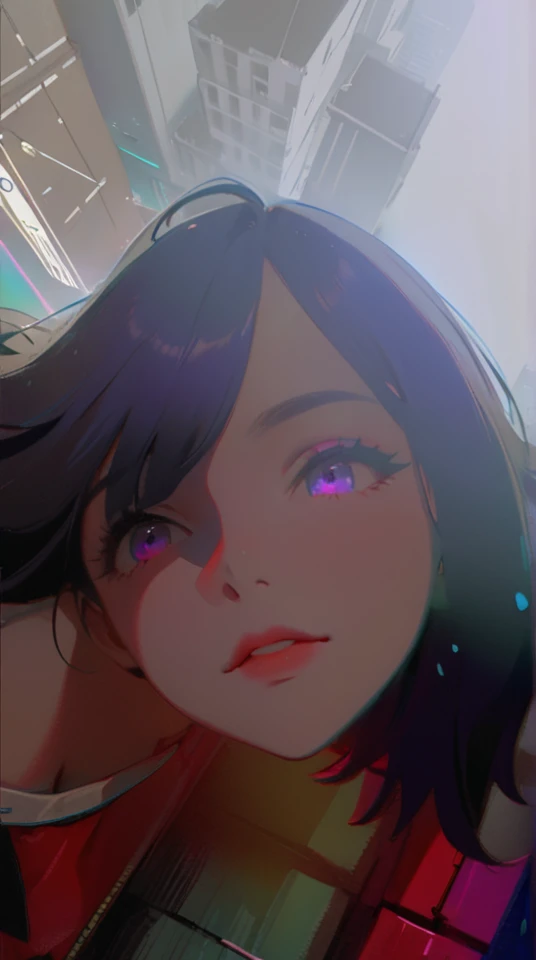 masterpiece,best quality,1 synth wave style girl,blue outline,streets with neon lights,blue fluorescent coatings,solo,from above,cowboy shot,sitting on the top of the building,extremely detailed CG,flat color,limited palette,noline art,silhouette,partially colored,alternate color,dynamic angle,blue long upper shan,dark violet shadow,synth wave,chromatic aberration,(solo focus),perfect shadow,wearing an off- shoulder floating jacket,delicate face,bare shoulder,beautiful and delicate eyes,delicate background,blue neon light,