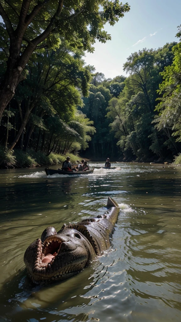 Create an AI-generated image that dramatically depicts a river scene with views above and below the water. Above the water, it shows two men helping to pull another man from his mother. Water With a look of fear and urgency bottom of the water Shows a large crocodile with its mouth open. Showing sharp teeth Swim toward the group above. The surrounding environment is a dense forest. There were large trees and roots strewn around the riverbank. The water is clear enough to see both surface and underwater threats in detail.