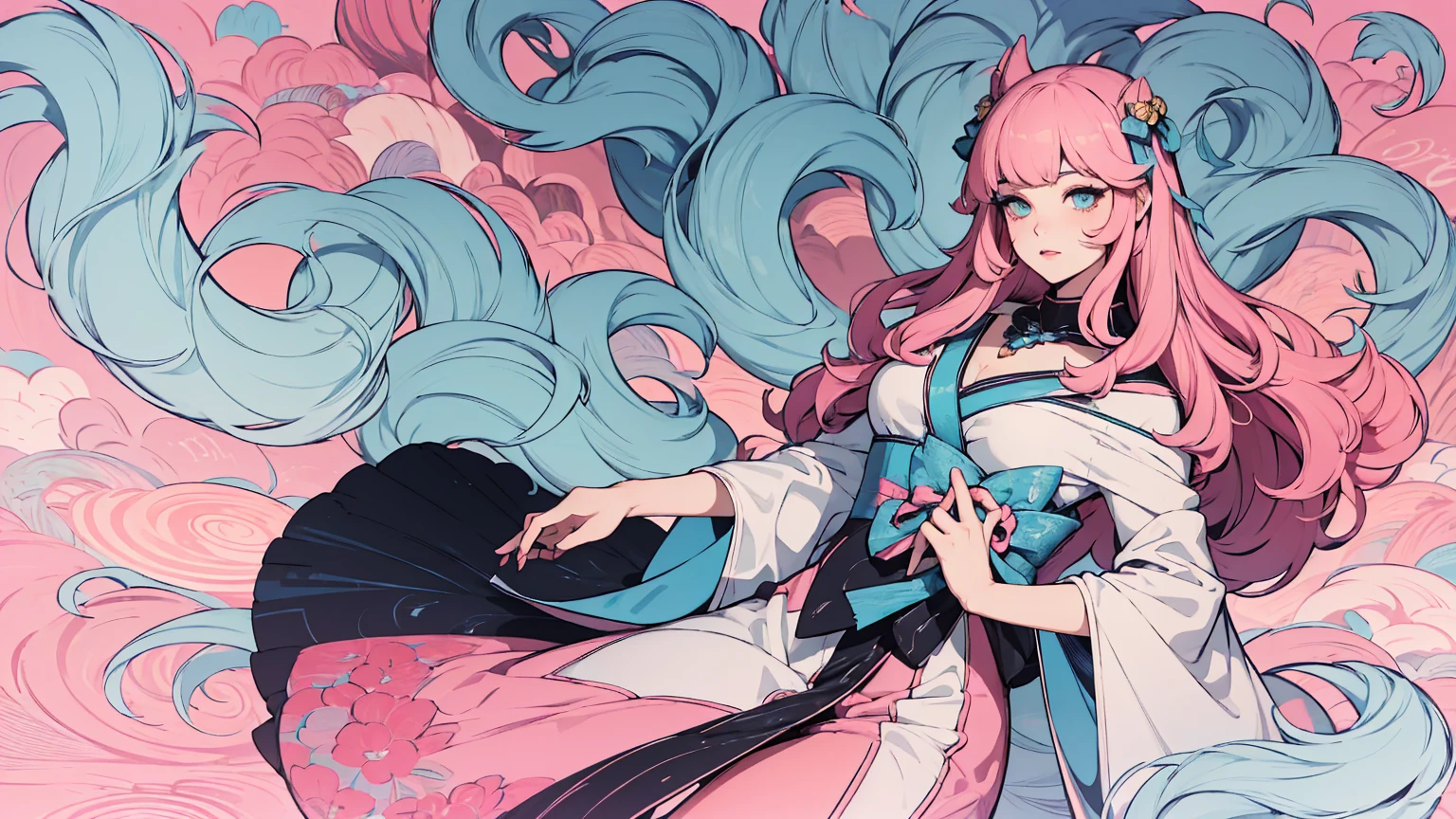 (masterpiece, best quality), beautiful woman, soft light, hakama, short skirt, (cleveage), wavy hair, asymmetrical bangs, perfect face, beautiful face, alluring, big gorgeous eyes, soft smile, perfect slim fit body, outdoors, standing, abstract background, bright colors, (risograph), medium breasts, solo, sexy