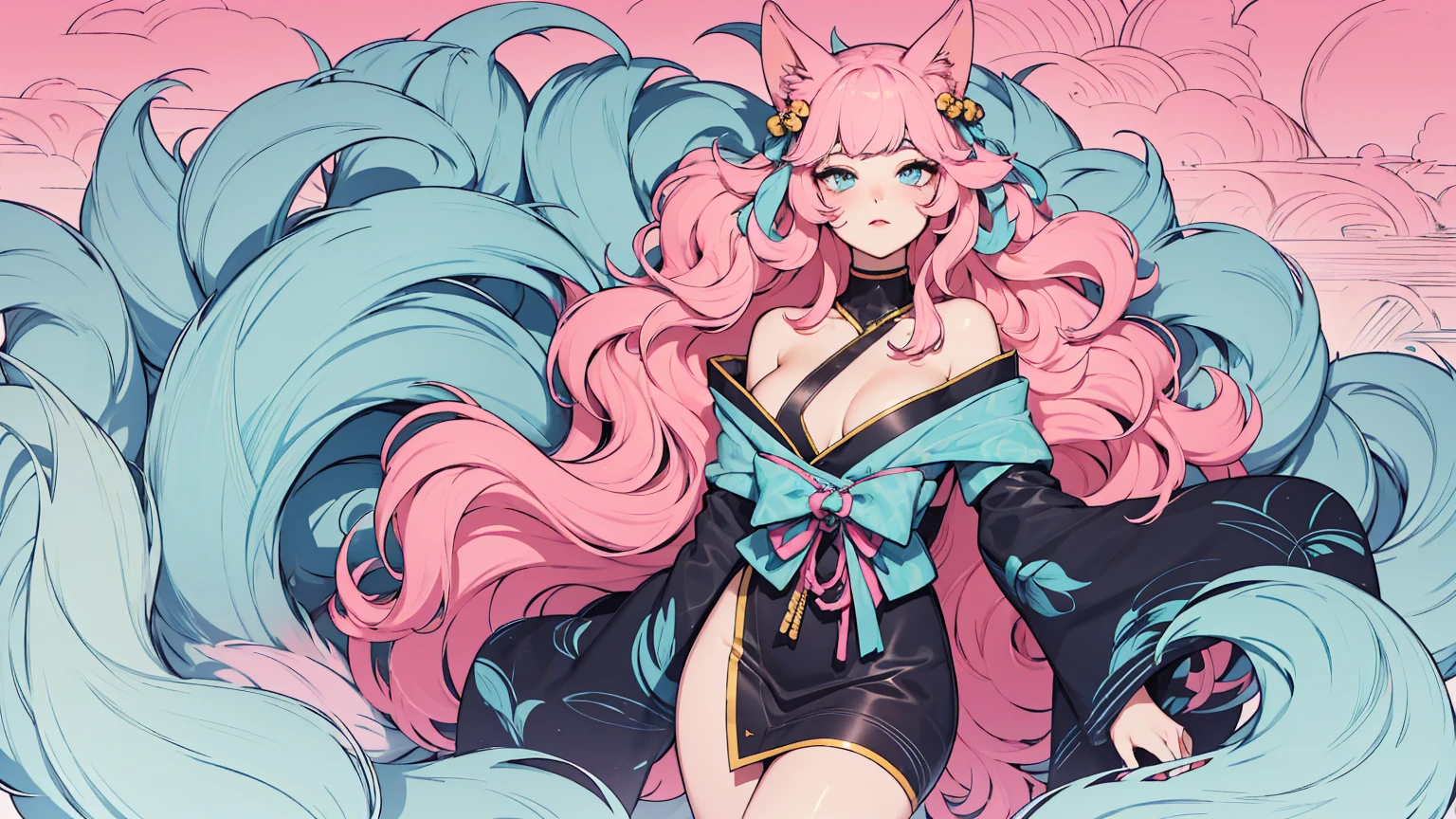 (masterpiece, best quality), beautiful woman, soft light, hakama, short skirt, (cleveage), wavy hair, asymmetrical bangs, perfect face, beautiful face, alluring, big gorgeous eyes, soft smile, perfect slim fit body, outdoors, standing, abstract background, bright colors, (risograph), medium breasts, solo, sexy