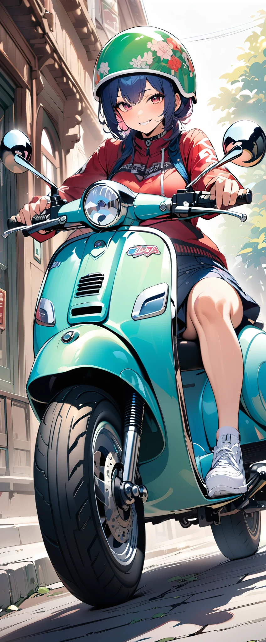 (masterpiece),(Highest quality:1.2),(Super detailed),(High resolution),(Highest quality),An illustration,8k,wallpaper,One female,Woman riding a green Vespa,(smile),A stylish helmet,Stylish clothing