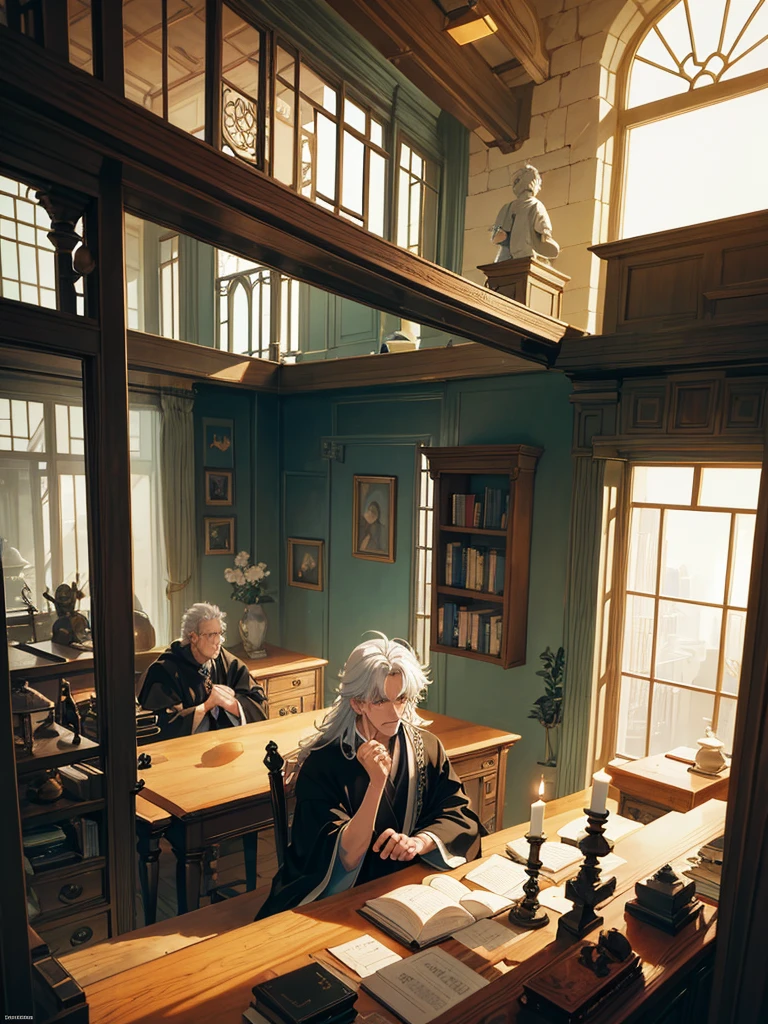 An 80s style office, in a fantasy world, with several book shelves, stuffed animal heads on the walls, a large oak table in the center, a large window and curtains behind the table. A white-haired old man wearing a black robe was sitting behind the table. A few candles in the corners illuminate the room. shunlight. ((anime styling))