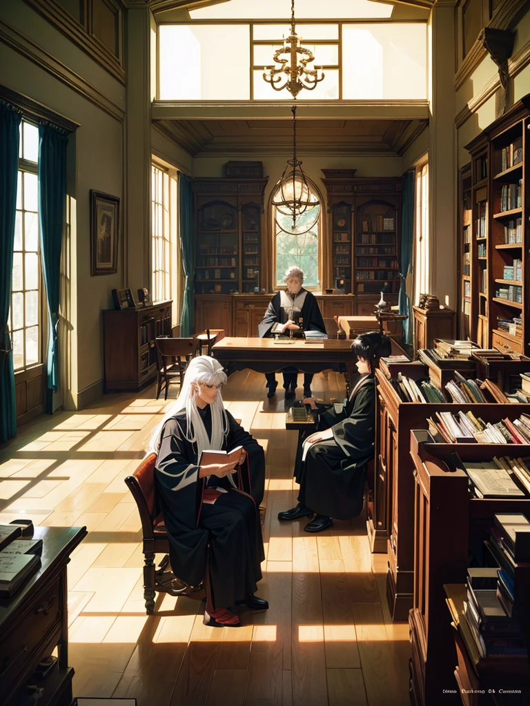 An 80s style office, in a fantasy world, with several book shelves, stuffed animal heads on the walls, a large oak table in the center, a large window and curtains behind the table. A white-haired old man wearing a black robe was sitting behind the table. A few candles in the corners illuminate the room. shunlight. ((anime styling))