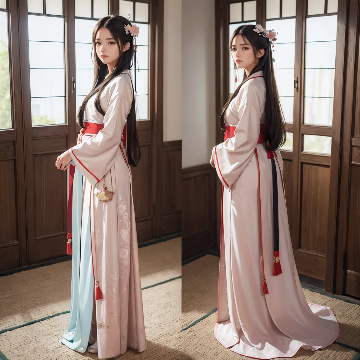 (masterpiece, best quality:1.5), ultra detailed, high resolution, 16k, the most beautiful face in the world, perfect face, delicate facial features, highly detailed beautiful face and eyes, shiny skin, highly detailed background, elaborately designed, fine cloth texture, BREAK, (gorgeous and stunning teenage girl in hanfu:1.3), perfect make-up, deeply in love, full of elegance, (full body:1.5), (three view drawing, front and back and side, character sheet:1.3)