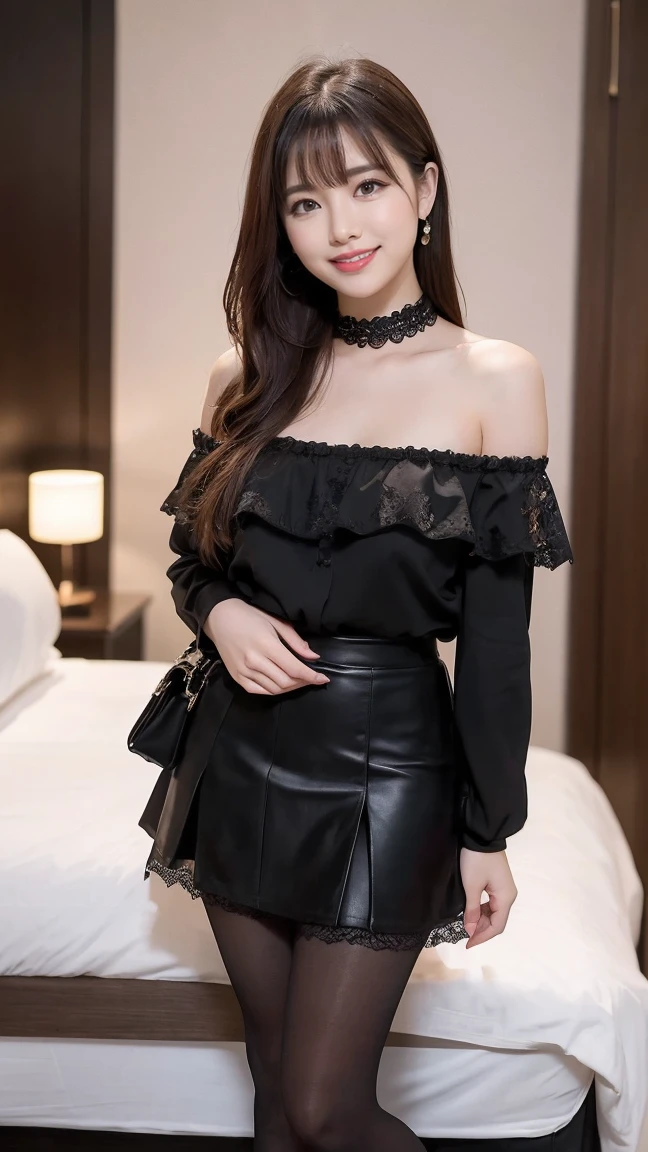 (((8k、High resolution、Highest quality、High resolution)))alone、Natural body shape、White skin、Landmine Makeup、((Black Hair、bangs、Straight Long Hair))、(((Gothic Lolita)))、、(:1.4)、((Black choker))、(((((Full body photo)))))、(((Looking into the camera)))、(((Wear a white off-the-shoulder lace blouse on your upper body)))、Bedroom、(((Eyeshadow))) 、(())、((Skirt covered in black lace))、((Black lace boa skirt、mini skirt、Ultra-realistic pantyhose))、、、、Grin、((Exposing thighs))
