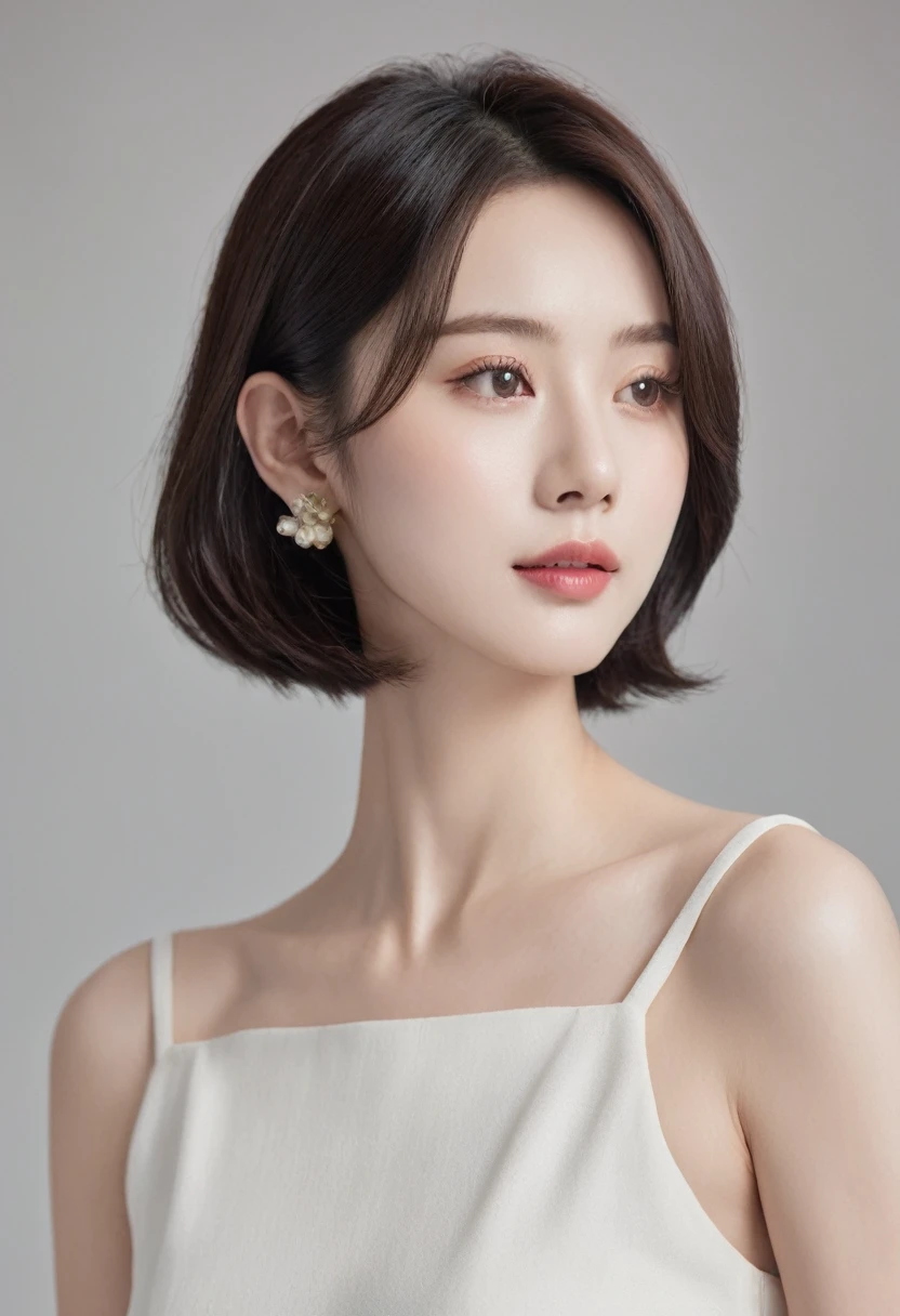 (top quality、8k、masterpiece:1.3)、There is a girl in the picture，She is a woman full of elegance, intelligence and cleanliness、Bob hair is characteristic。 The facial features and face look like beautiful Japanese and Korean female stars，Smooth and beautiful jaw line，Moderately sized double eyelids，Elegant and pretty nose bridge，Pink and elastic lips，With lip beads，The proportion of upper and lower lips is moderate，Slightly show the front teeth when smiling with hairstyle：Her hair is a beautiful bob、The whole face is only a little covered by the flowing hair，Her hair color is natural dark brown、Naturally flowing hair exhibits smooth luster。Her skin is transparent, fair and pink、healthy、Shiny。 She wears fashionable and simple clothes，complements her beauty。 His head-to-body proportions resemble those of a runway model，Slender limbs, plump breasts of medium size，You can feel the gracefulness of your body’s posture and movements。 這款masterpiece以最高品質繪製、Show beauty and confident femininity、Slightly curly bob hair and natural brown-black hair color、with excellent，Clean fashion expression，The entire image should retain the entire head and body parts above the chest

