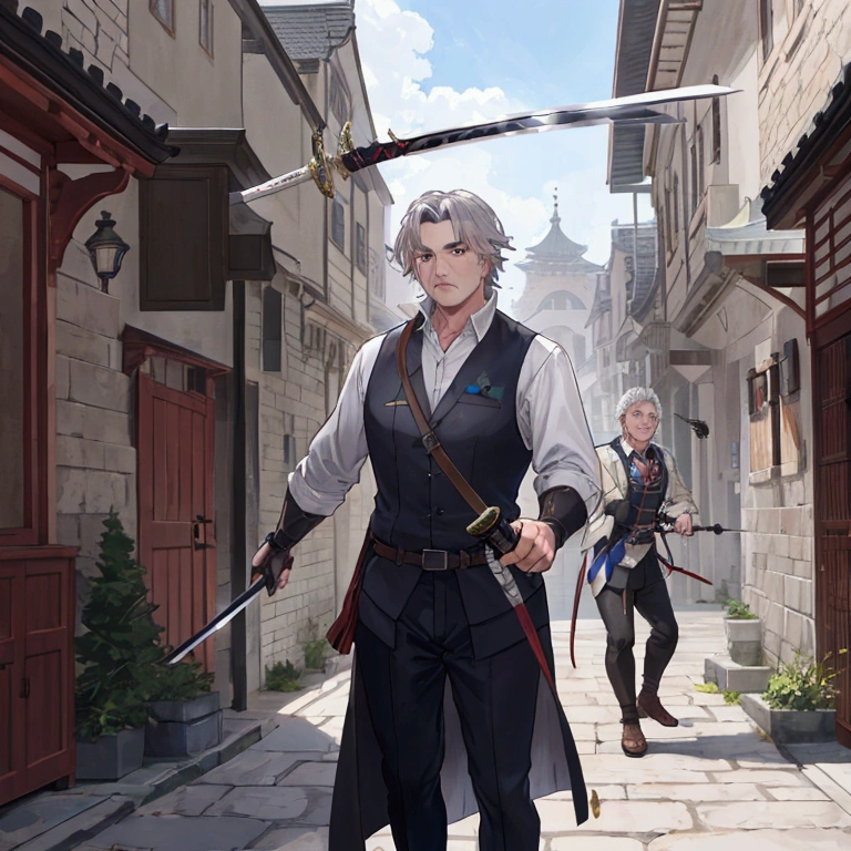 Middle-aged men、Gray Hair、Dressed as an adventurer、Holding a sword、Teaching residents the basics of defense and attack。A scene where the residents are being trained in the town square